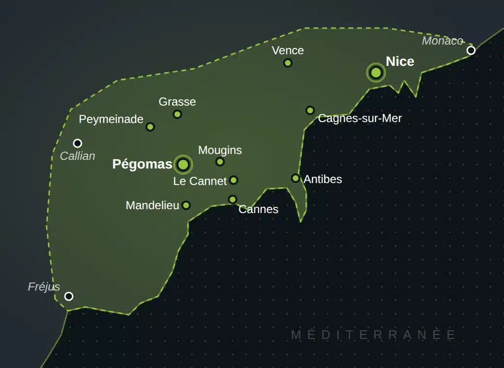 Carte de la zone couverte par At Home France sur la Côte d’Azur, de Callian et Fréjus jusqu’à Monaco, avec nos réalisations à Nice, Cannes, Antibes, Grasse, Mougins, Mandelieu, Vence, Cagnes-sur-Mer et Peymeinade